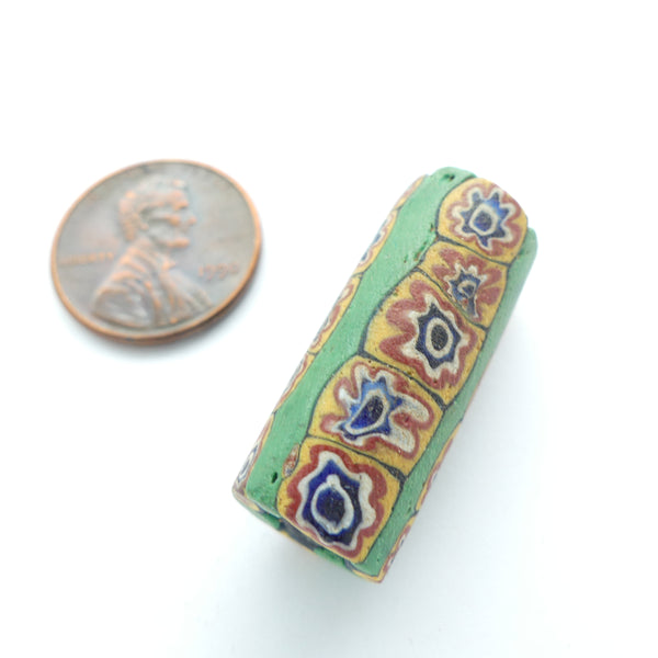Millefiori Antique Venetian Trade Bead, Green with Multi-Color Flower Murrine, 28x10mm