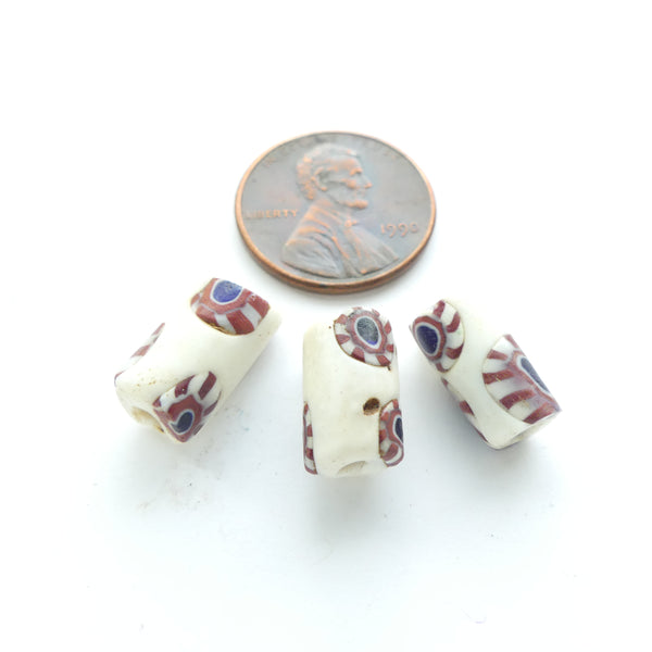 Millefiori Trade Beads, White Bear Claw Minis, 12x6mm, Set of 3
