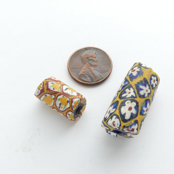 Millefiori Trade Beads, Two Small Very Floral Beads in 2 Sizes & Patterns, Set of 2