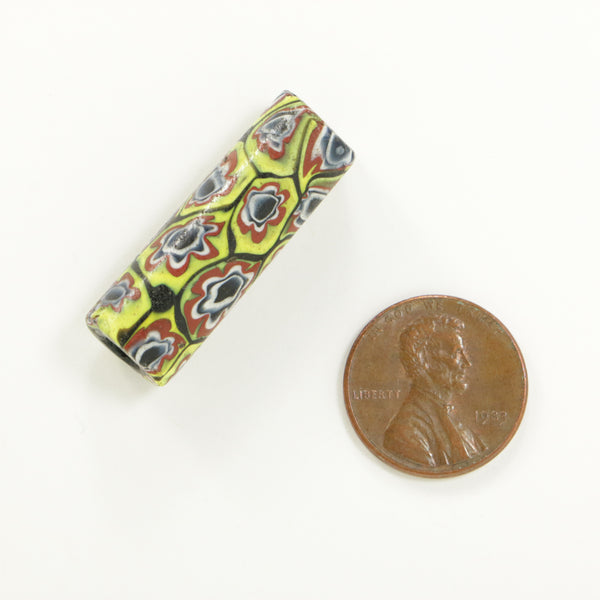 Millefiori Antique Venetian Trade Bead, Blue/White/Red/Yellow Flowers, 33x12mm