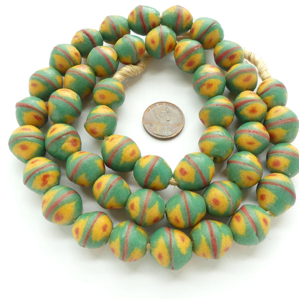 Powderglass King Beads, Green With Amber & Red, 15x14mm Beads on 27-inch Strand