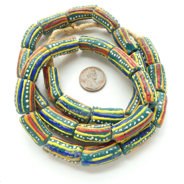Krobo Powderglass Slightly Curved Cylinders with Multi-color designs, 22x11mm on 26-inch Strand