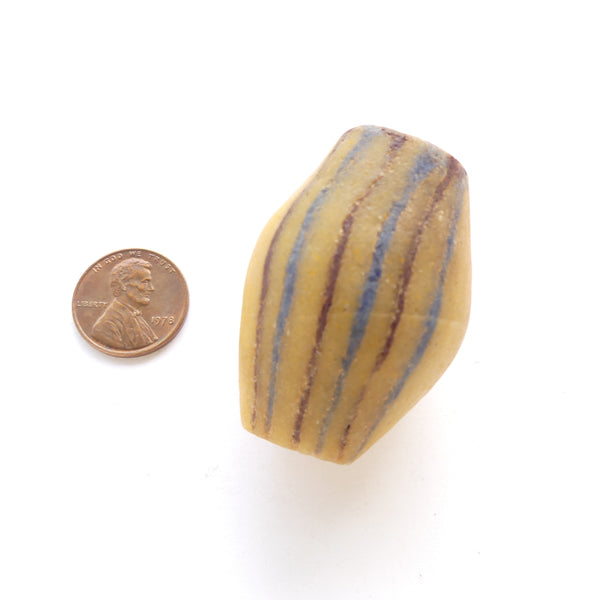 Powderglass, Large Yellow Oval Bead with Stripes in Brown and Green, 44mm long