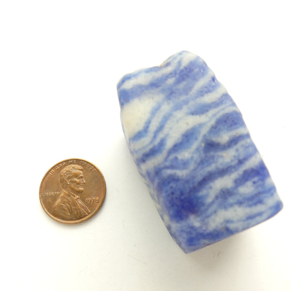 Powderglass, Large Rectangular Bead of Blue and White Glass, 43x26mm