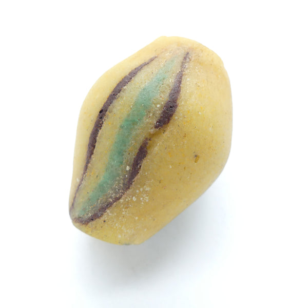 Powderglass, Large Yellow Bead with Green & Brown Stripes, 44mm long