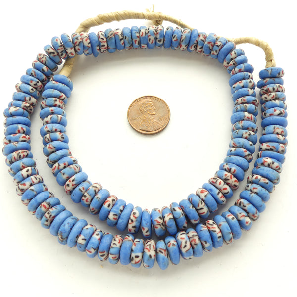 Krobo Discs, Blue with Embedded Red, White & Blue Seed Beads, 4x10mm, 20" Strands