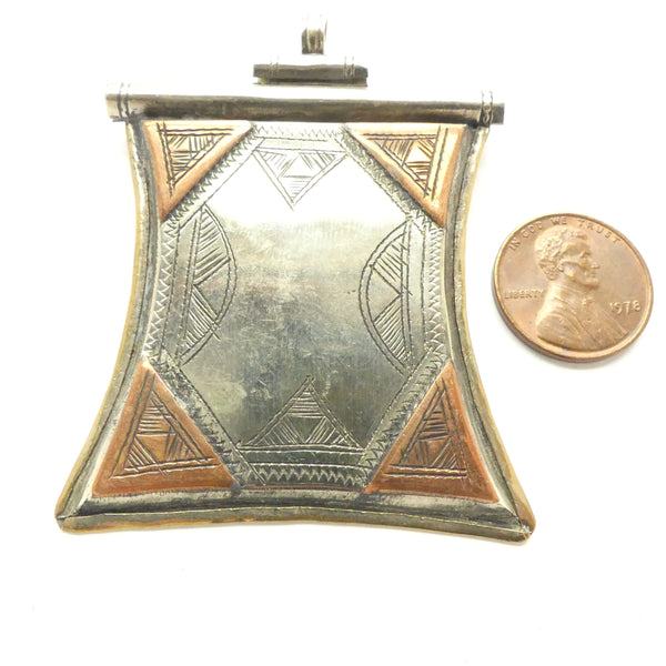 Moroccan Silver and Copper Tuareg Tcharot Pendant, 2.25x2 inches
