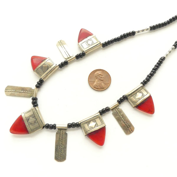 Moroccan Silver Tuareg Necklace of In Gall Style & Tabular Pendants, 20-inches Long