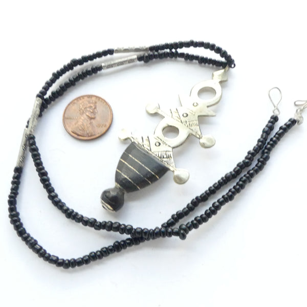 Moroccan Silver Tuareg Iferouane Style Crosses, 60-70mm Long Strung with Black Beads