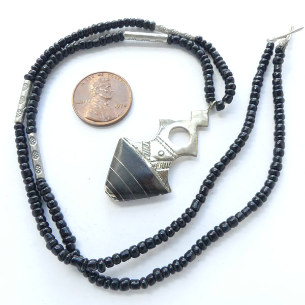 Moroccan Silver Tuareg Iferouane Style Pendant with Ebony, 46mm Strung with Beads