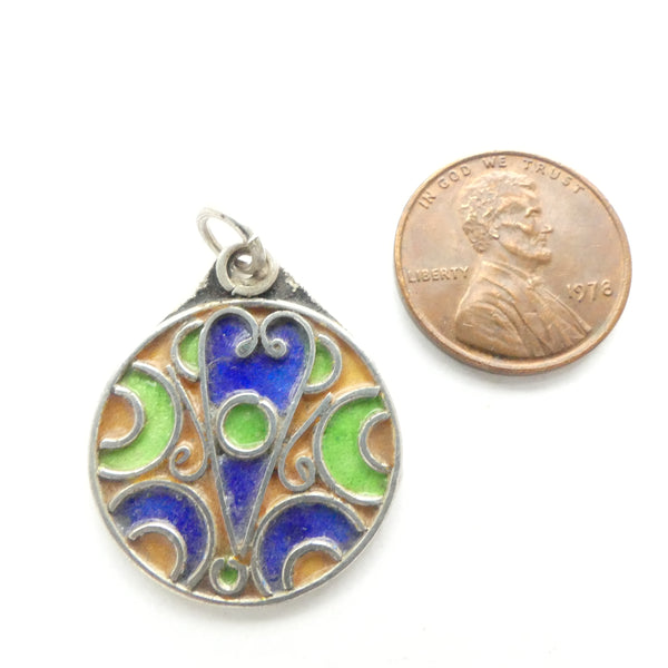 Moroccan Silver Enameled Round Pendant 22mm Diameter, with Loop