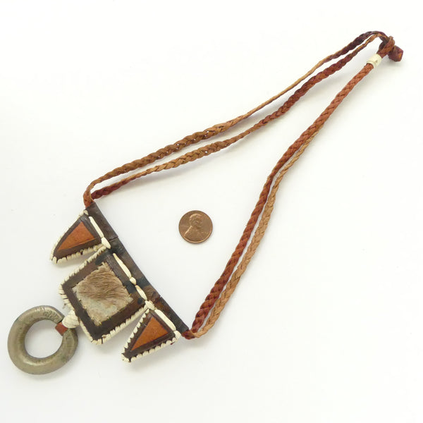Burkina Faso (Upper Volta) Leather, Fur & Metal Amulet with Braided Cord 20 inches Long