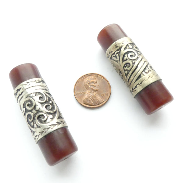 Morrocan Cylinder Beads Resin/Silver, Dark Brown, 47x15mm, Sold Individually