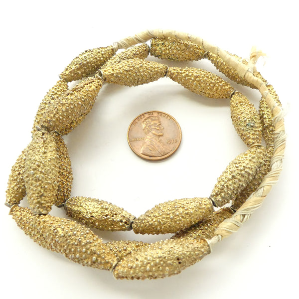 Brass, Yoruba Vintage Rice Shape Beads 25mm long by 8-10 Diameter, 22-inch Strand