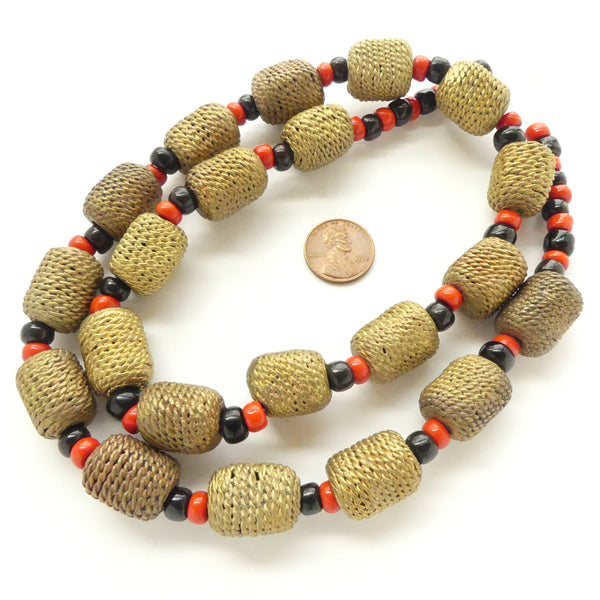 Brass, Lost Wax Cast Twisted Wire "Beehive" Design from Ghana, Strand of 21 Beads