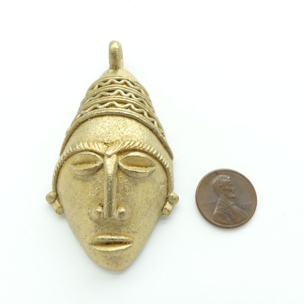 Brass, New Large Shiny Face Pendants from Ghana, 38x80mm