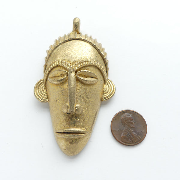Brass, New Large Shiny Face Pendants from Ghana, 44x80mm
