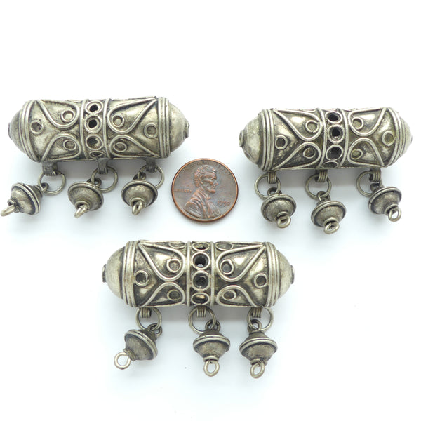 Moroccan Silver Oval Beads with Wirework and Dangles, 50x17mm, Sold Individually