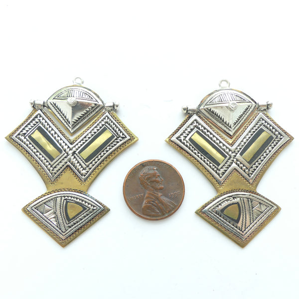 Morocco Silver, Tuareg 2 Part Pendants with Brass & Ebony, 55mm Long, Sold Individually