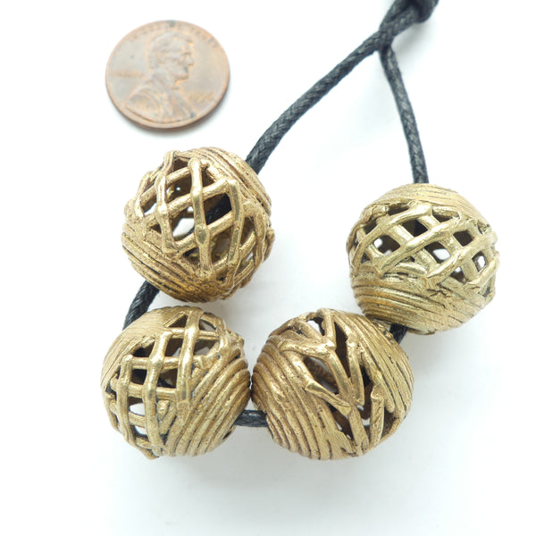 Brass, Lost Wax Cast, Round 17mm Diameter Beads in Coordinating Patterns, Set of 4