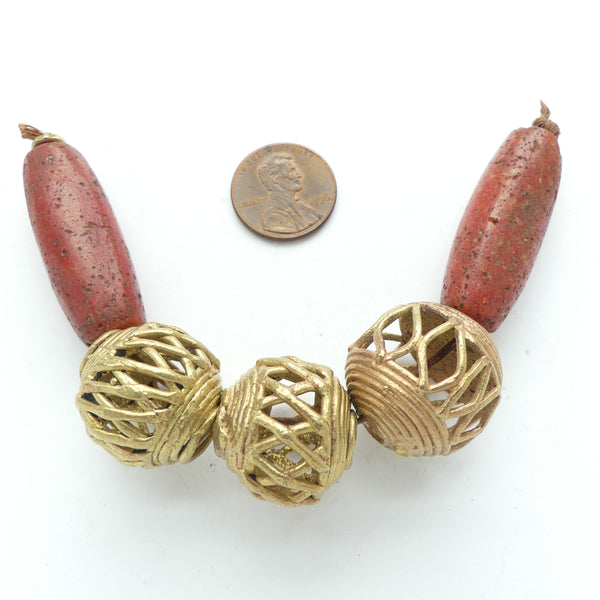 Brass, Lost Wax Cast Beads Made in Ghana, Designer/Collector Set of 3 with 2 Glass Beads