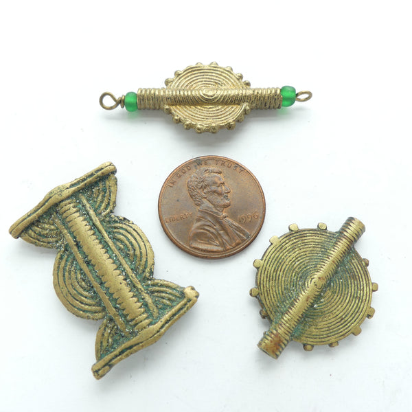 Brass, Lost Wax Cast Mini Designer/Collector Set of 3 Vintage Beads, Largest 30x15mm