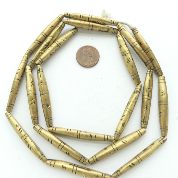 Brass, Tuareg Long Slender Bicone Beads with Etchings, 44x6mm,