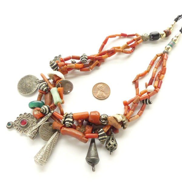 Moroccan Berber Neckace of Antique Coral, Shells & Silver Pendants,