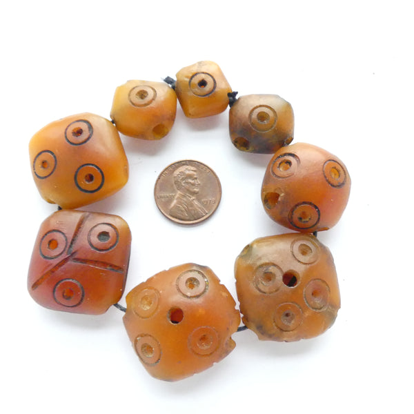 African Amber, Berber Diamond Shapes with Etched Designs, Set of 8 Beads