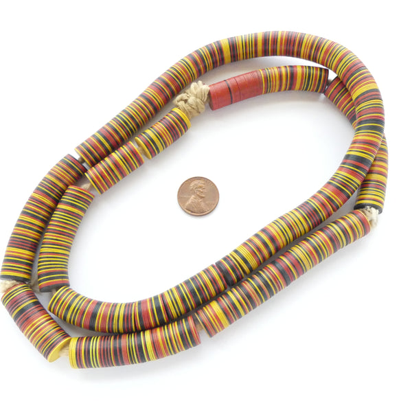 Vinyl Heishi, 12mm Diameter Red/Amber/Black Mix on 32-inch Strand