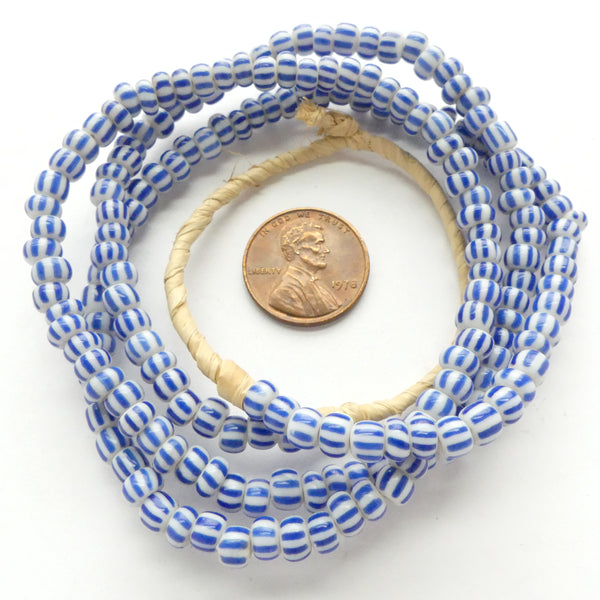 Striped Seed Beads, Antique, Blue & White, 4-4.5mm on 24-inch Strands