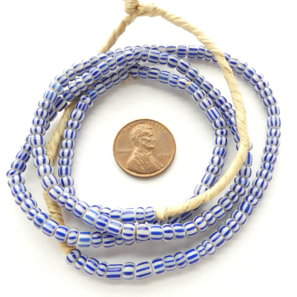 Striped Seed Beads, Vintage, 3.5mm Blue and White on 23-inch Strand