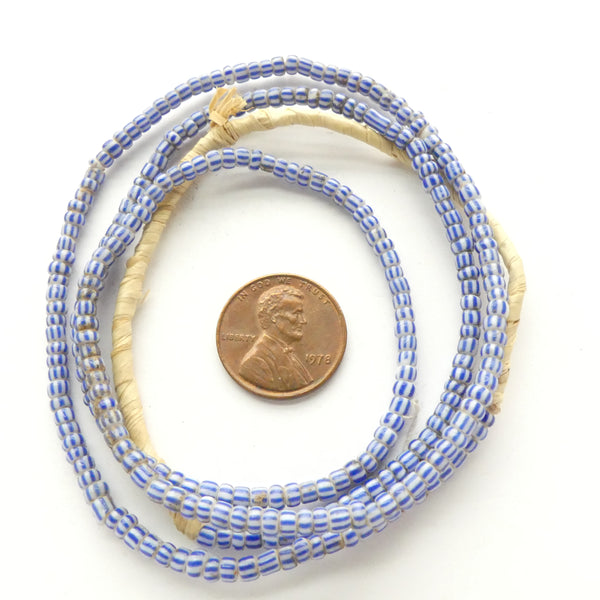 Striped Seed Beads, Antique, Blue on White, 2.5mm on 22-inch Strand