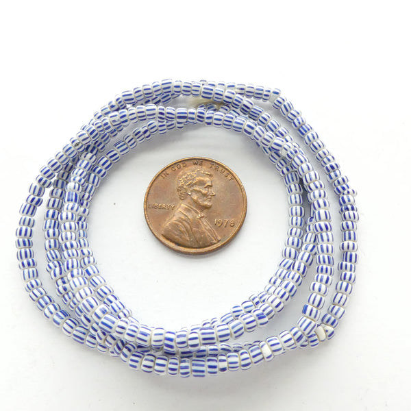 Striped Seed Beads, Antique, Blue on White, 3mm on 22-inch Strand