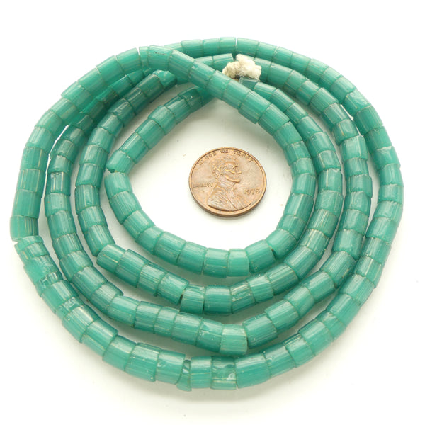 Drawn Glass Beads, Teal/Green 6x6mm on Long 31-inch Strand