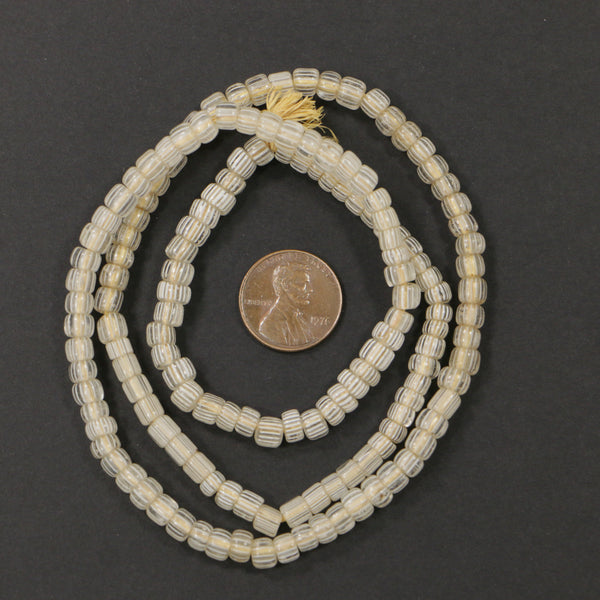 Gooseberry Beads, Antique Venetian, White Stripes on Clear Glass 4x5mm on 22-inch Strand