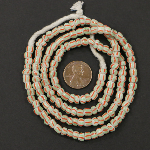 Seed Beads, Vintage, White with Light Blue & Bright Red Stripes, 5mm Diameter on 24-inch Strands