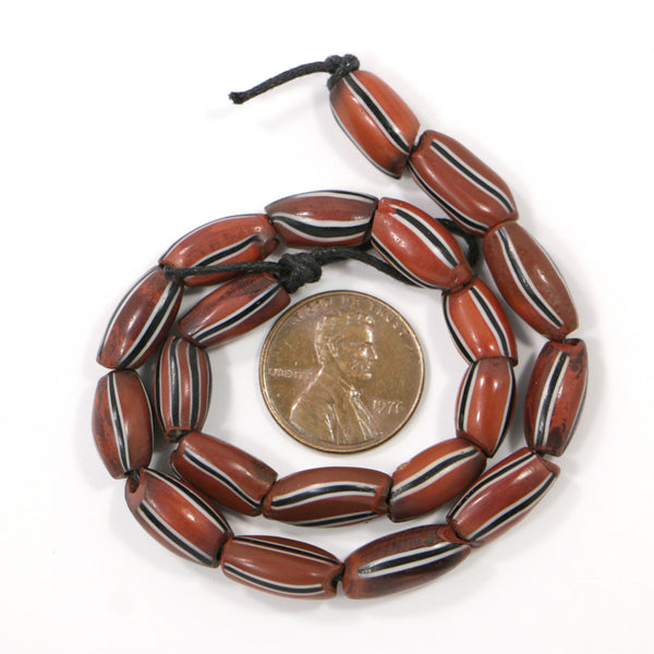 "Watermelon Beads" Brown with Black & White Stripes, Ovals, 12x7mm on Short 10-inch Strand