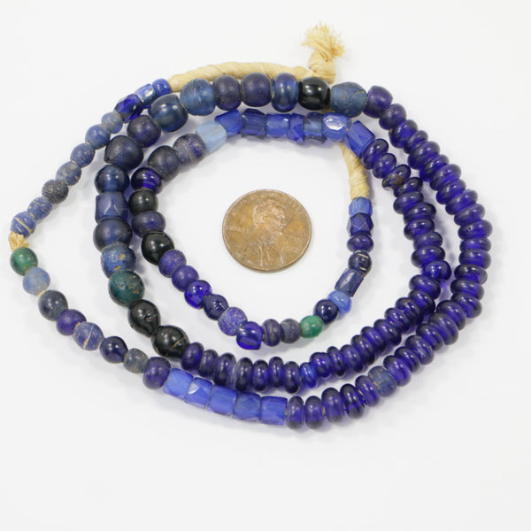 Black, Antique Small African Strands, Wound Rounded & Annular Beads w/ Bonus Russian Blues