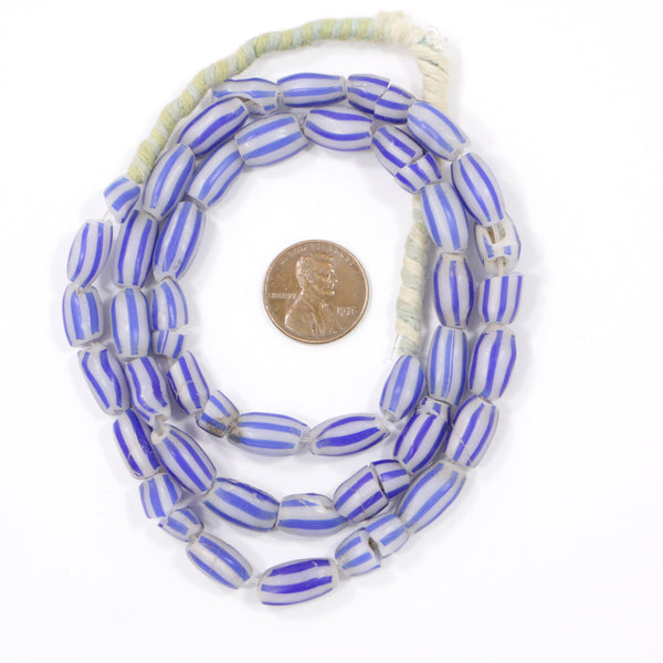 "Watermelon" Beads, Moon White with Blue Stripes, 14x8mm on 20-inch Strand