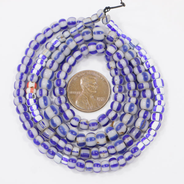 Seed Beads, Vintage, Light Grey with Blue Stripes, 5-6mm on 22-inch Strand