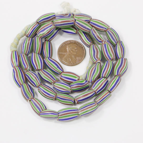 Watermeln Beads, Flat Oval Striped Red/Blue/Green/White, 12x8mm on 22-inch Strands
