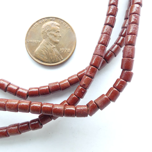 Molded Vintage Czech Glass (Prosser) Short Tubes 4x3mm Brown on 26-inch Strands