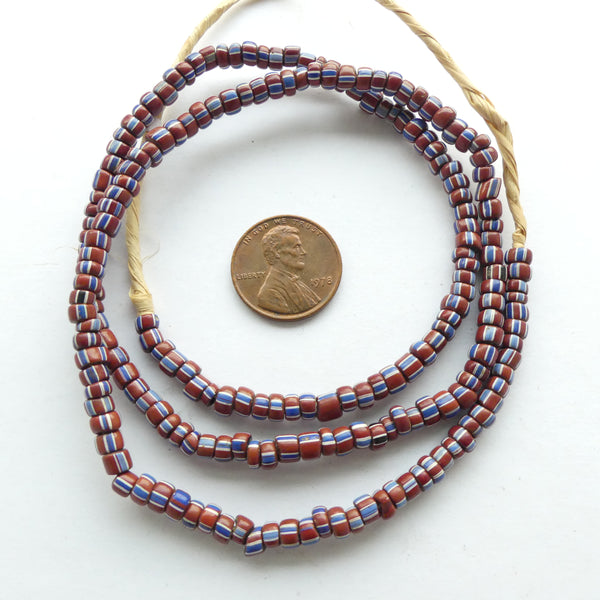 Striped Antique Venetian Glass Seed Beads, White & Blue on Brown, 3-4mm on 22-inch Strands