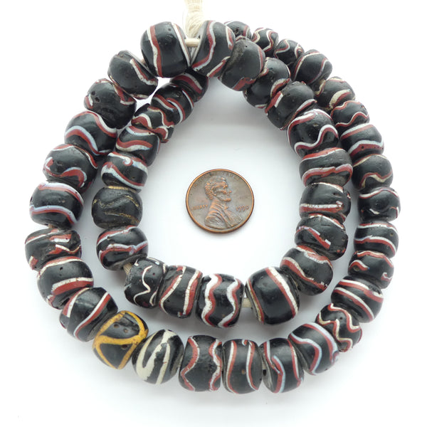 Lampwork, Antique Venetian Trade Beads, Red,White & Black "Rattlesnake" Pattern, Graduated Strand