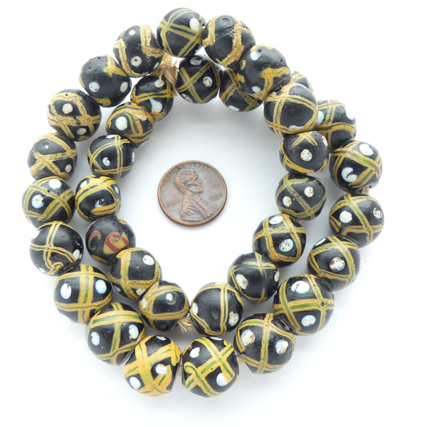 Lampwork, Antique Venetian, Strand of X & Dot Amber/Green & White on Black, 35 beads