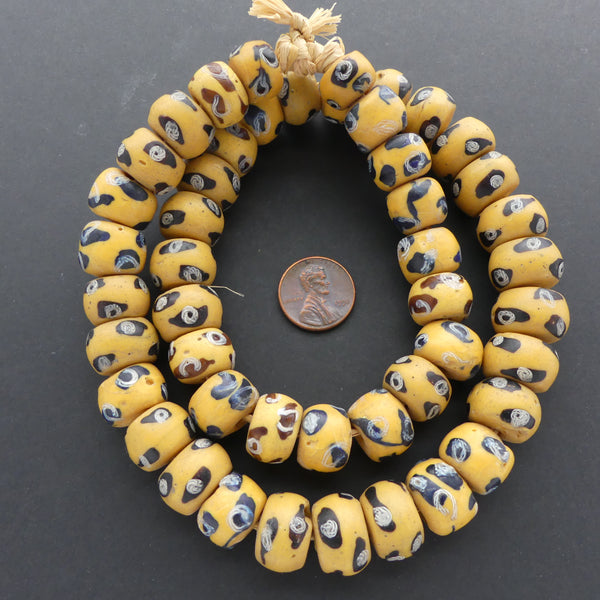 Lampwork, Antique Venetian, Amber Oblate with Blue & White Laticino Eyes, Strand of 47
