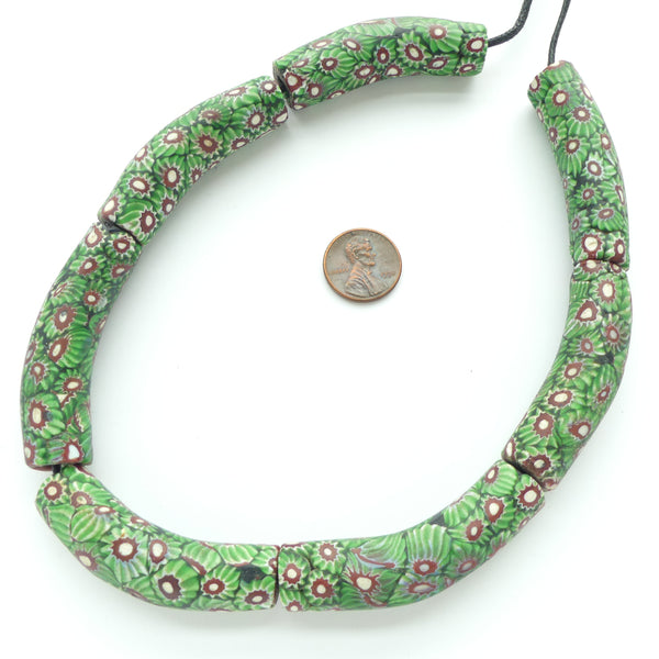 Millefiori Antique Venetian Trade Bead, Strand of 7 Large Green Chevron Elbowsm 60x14mm each