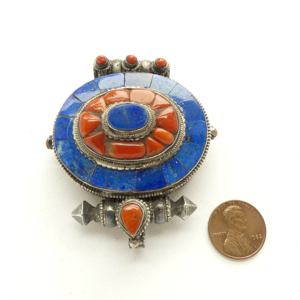 Gau, Antique Silver & Copper Amulet Box with Natural Coral and Lapis Lazuli, 56x64mm