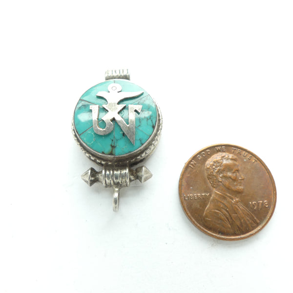 Sterling Silver and Turquoise Round Gau Style Pendant with Tibetan Om Symbol, 18x30mm